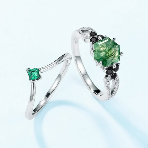 Hot Pick Geometry Natural Watercress Agate Stacking Ring S925 Silver with Green Moss Stone Pair Ring Wind - Image 3