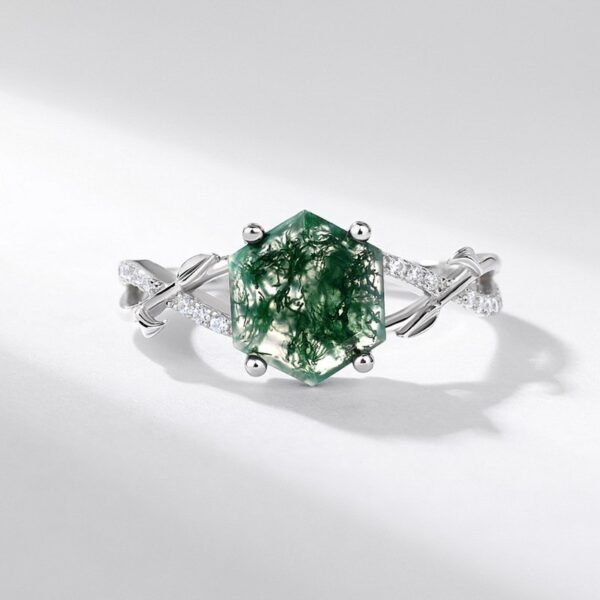 Hot Pick Geometry Natural Watercress Agate Ring Women's S925 Silver Inlaid Unique Green Moss Stone Finger Ring - Image 3