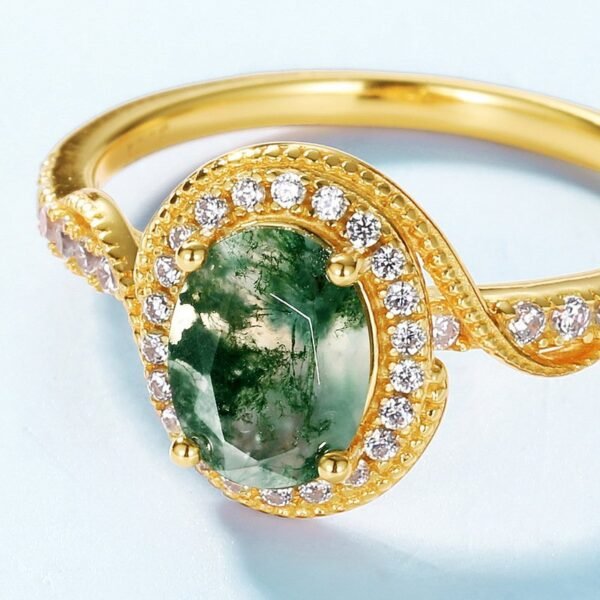 Hot Pick Natural Watercress Agate 10K Gold Plated Ring S925 Silver Inlaid Green Moss Finger Ring Light Luxury - Image 3