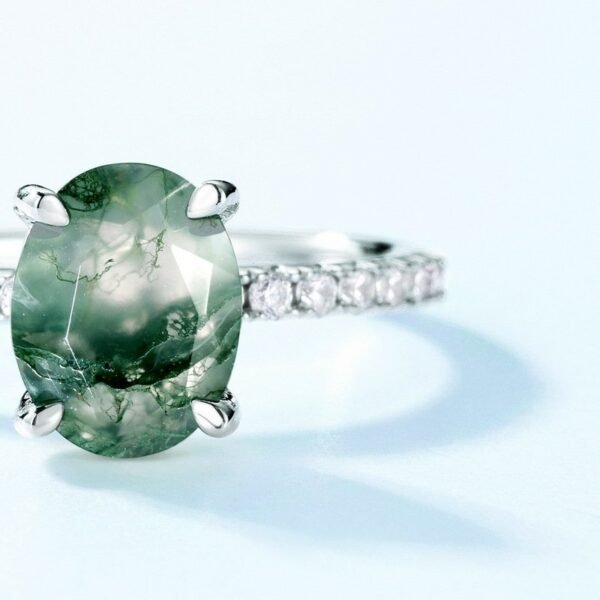 Hot pick simple natural watercress agate ring S925 silver claw inlay green moss light luxury fashion with a variety of - Image 3