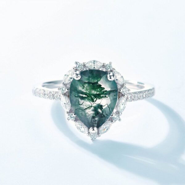 S925 silver natural watercress agate ring water drop green moss finger ring light luxury fashion - Image 3