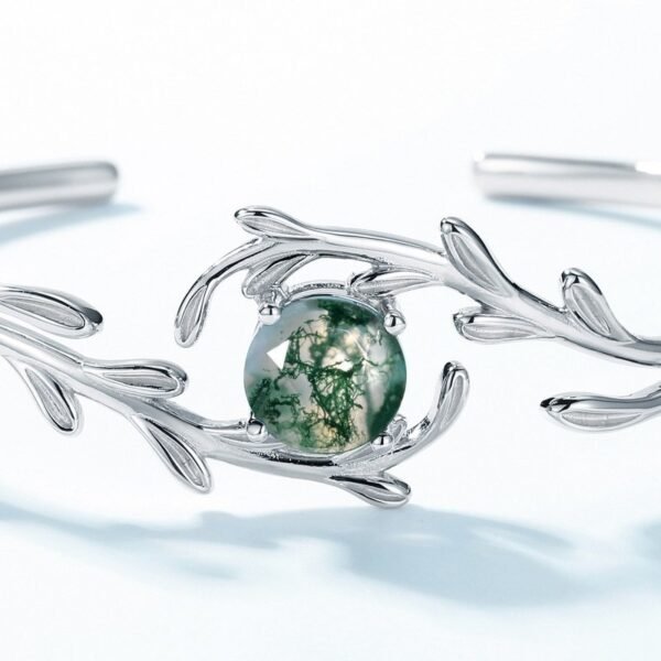 New S925 sterling silver bracelet green moss stone watercress agate open bracelet silver jewelry fashion light luxury - Image 3