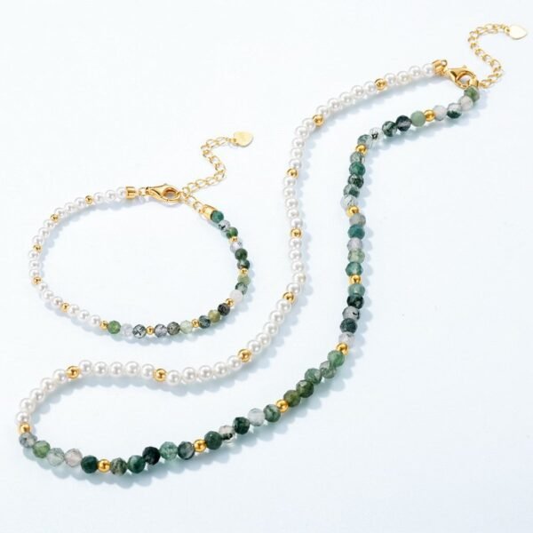 Natural watercress agate with pearl S925 silver bracelet green moss stone hand jewelry simple light luxury - Image 3