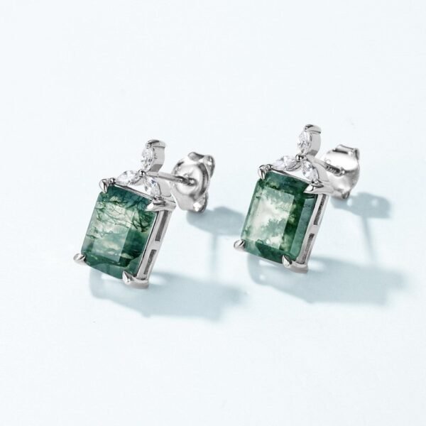 Geometric square natural watercress agate stone earrings female S925 silver with green moss stone earrings customized - Image 3