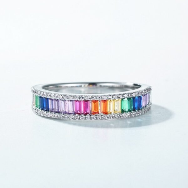 Hot pick dopamine fashion rainbow zirconia ring S925 silver full set colorful treasure finger ring simple and versatile - Image 3