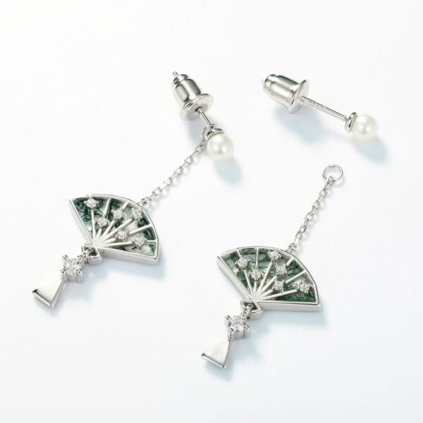 Ancient style small fan green moss earrings female S925 silver natural watercress agate earrings light luxury fashion - Image 3