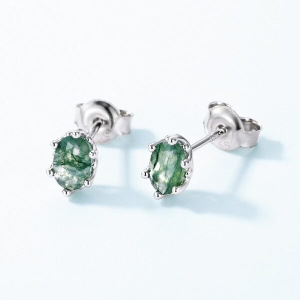 Egg-shaped natural watercress agate earrings S925 silver six claws set with green moss stone earrings simple and fashionable - Image 3