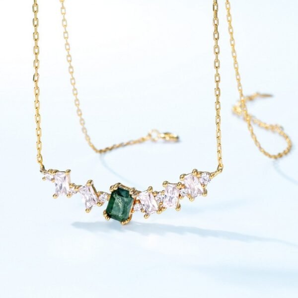 New S925 silver green moss stone necklace women aqua agate collarbone chain light luxury style - Image 3