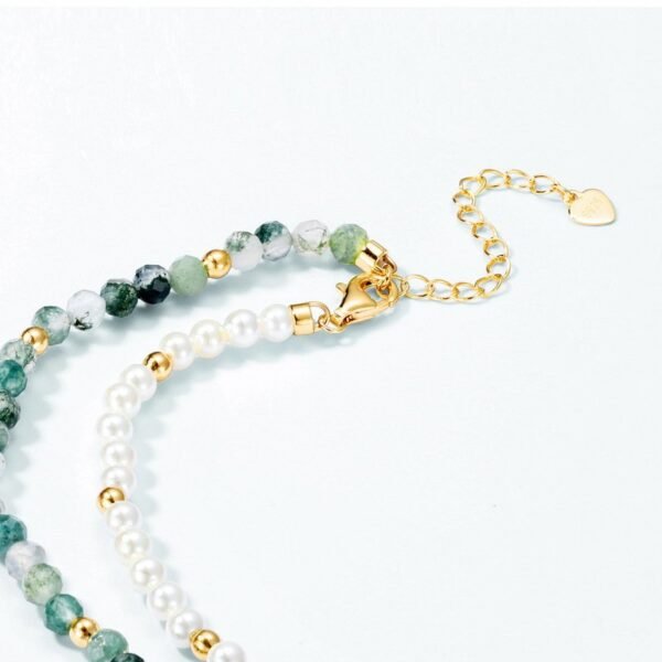 Beaded natural watercress agate necklace women S925 silver green moss stone white shell necklace vintage light luxury - Image 3