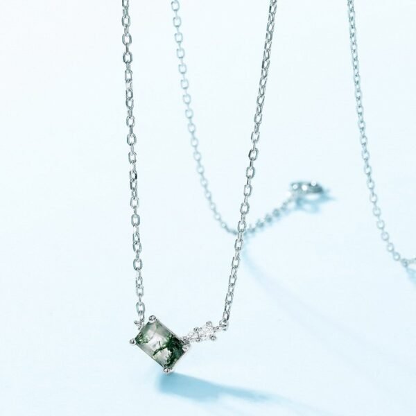 Geometric natural watercress agate necklace S925 silver green moss stone collarbone chain lightweight and versatile - Image 3