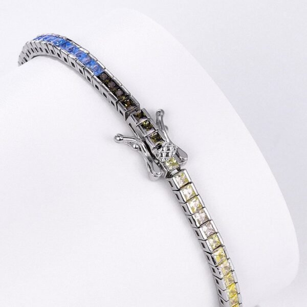 Wind hip-hop colored zirconia bracelet S925 silver with rainbow colored treasure square tennis chain simple light luxury trend - Image 3
