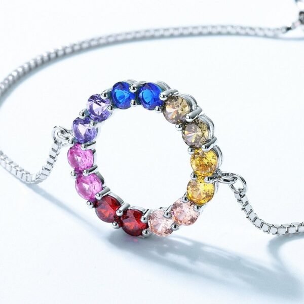 Hot S925 silver rainbow circle colorful treasure bracelet colorful zirconia adjustable hand jewelry light luxury simple - Image 3