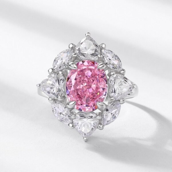 Personalized Silver S925 Pink Ring Fashion Light Luxury Ice Flower Cut High Carbon Diamond Diamond Ring - Image 3