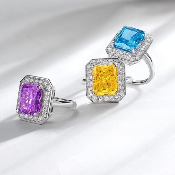 S925 silver full diamonds surrounded by women's ring long square ice flower cut aquamarine high carbon diamond ring - Image 3