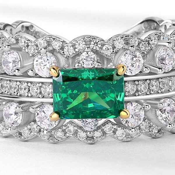 New S925 Silver Emerald High Carbon Diamond Ring Double Row Spell Diamond Full Diamond Row Ring Fashion - Image 3