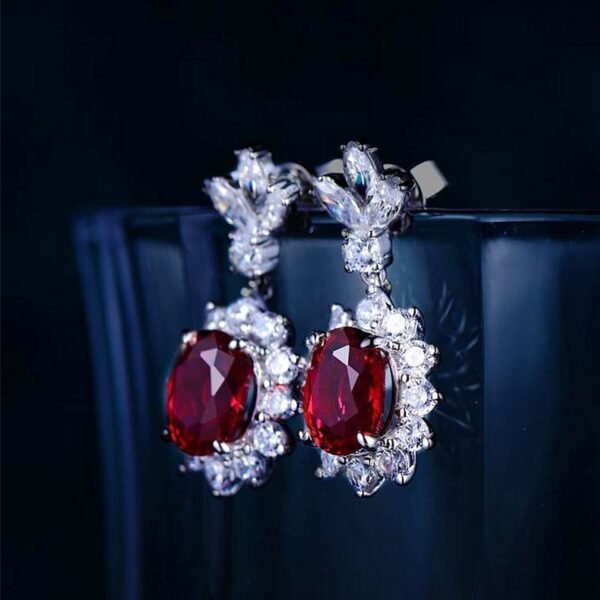 S925 silver pigeon's blood cultivation ruby earrings female inlaid colored treasure earrings senior celebrity style exquisite - Image 3
