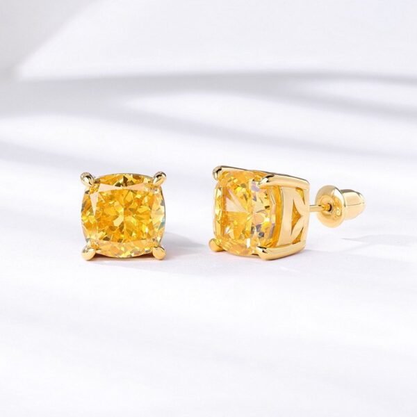 Four claws yellow diamond earrings square diamond princess square 925 silver square sugar earrings female artificial diamond earrings - Image 3