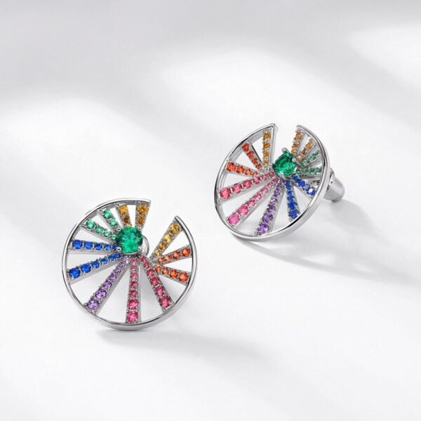 S925 silver rainbow round zirconia earrings female full set color zirconium fashion simple earrings exaggerated - Image 3