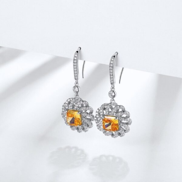 Yellow earrings square ice flower cut high carbon diamonds S925 silver light luxury beauty earrings - Image 3