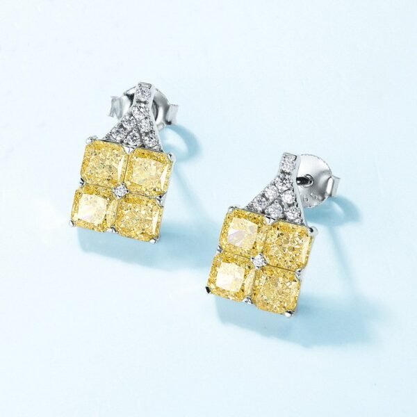 Large square yellow diamond colored treasure earrings S925 silver with ice flower cut high carbon diamond earrings light luxury - Image 3