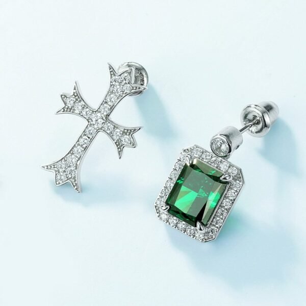 Section sparkling colorful treasure cross fashion earrings S925 silver emerald green high carbon diamond earrings light luxury - Image 3