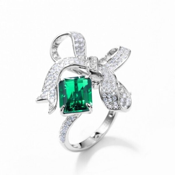 New S925 Silver Cultivated Emerald Ring Female Bow Wind Fashion High Feeling Jewelry - Image 3