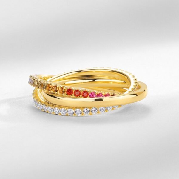 Light luxury fashion triple interlocking colored zirconium multi wear ring S925 silver with rainbow zirconium index finger ring customized - Image 3