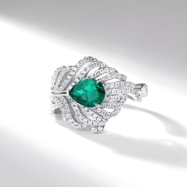 Light Luxury Feather Cultured Emerald Index Ring S925 Silver Setting Cultured Colored Treasure Ring Wind - Image 3