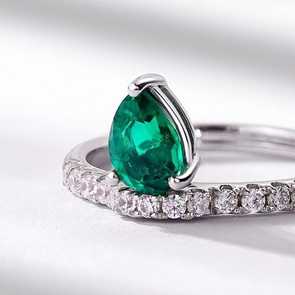 Water drop micro-setting cultivated emerald ring S925 silver colorful treasure open finger ring light luxury retro - Image 4
