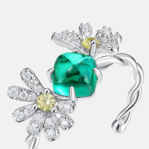 Petal vintage light luxury ring female S925 silver inlay cultivated emerald open ring fashion - Image 4