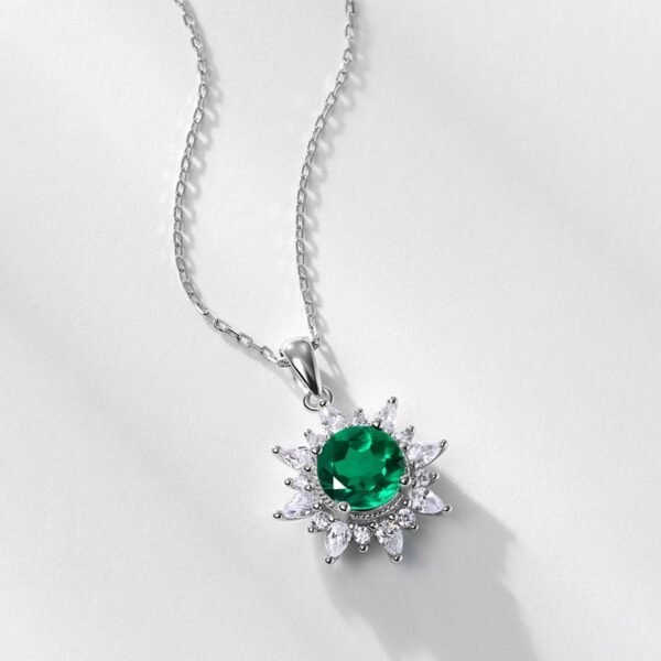 Sunflower Cultured Emerald Pendant Necklace S925 Silver with Cultured Colored Treasure Chain - Image 4