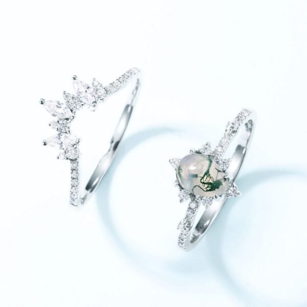 S925 Silver Watercress Agate Ring Pear Shape Green Moss Stacked Finger Ring Light Style - Image 4