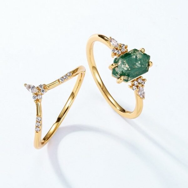 Unique Green Moss Stone Stacking Ring S925 Silver with Geometric Watercress Agate Combo Ring - Image 4