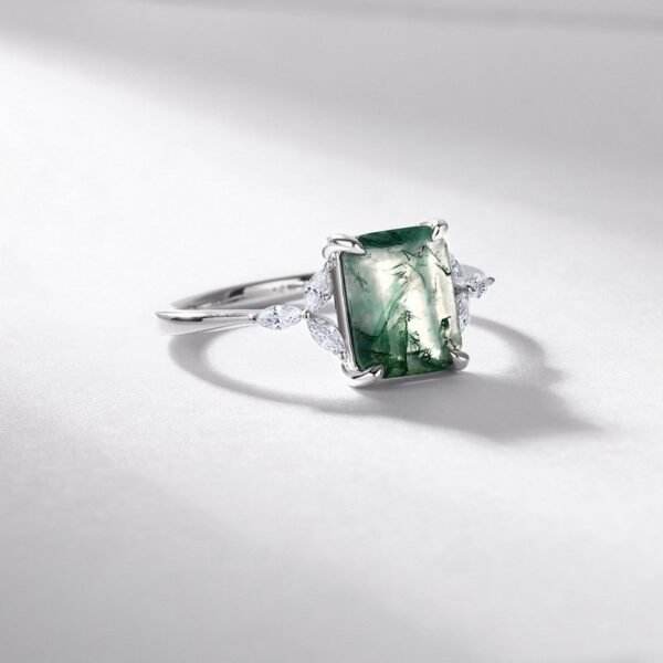 Geometric natural watercress agate ring S925 silver green moss finger ring simple atmosphere customized - Image 4