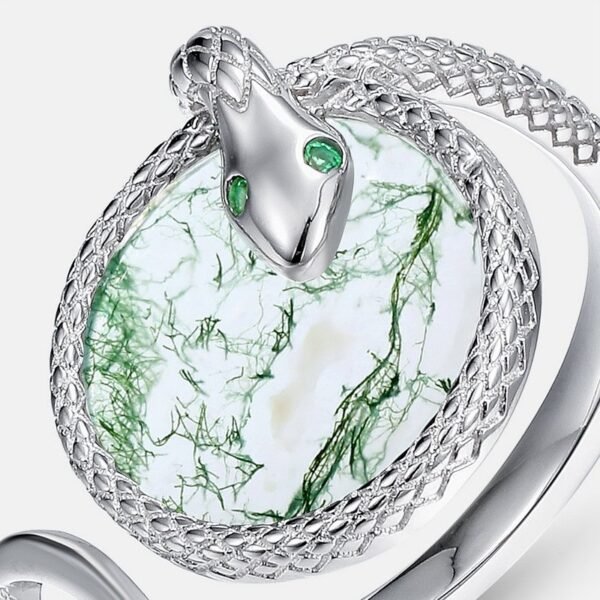 Hot Pick Personalized Spirit Snake Coiled Green Moss Stone Ring S925 Silver Natural Watercress Agate Index Ring - Image 4