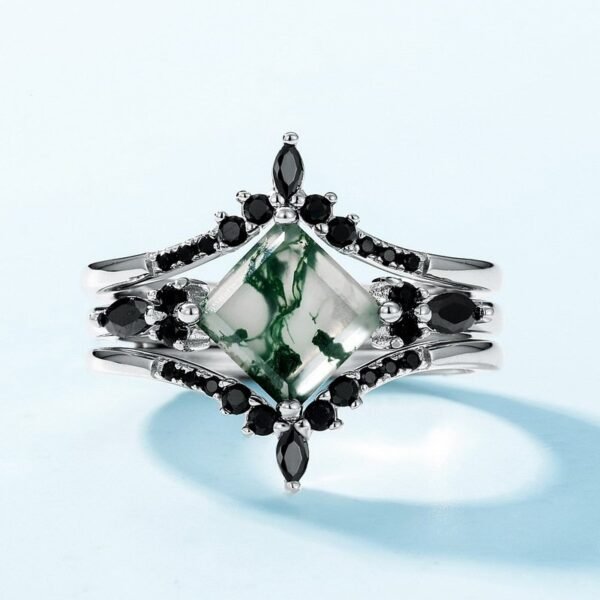 Geometric Natural Watercress Agate Ring S925 Silver with Green Moss Stone Stacking Ring One Multi Wear - Image 4