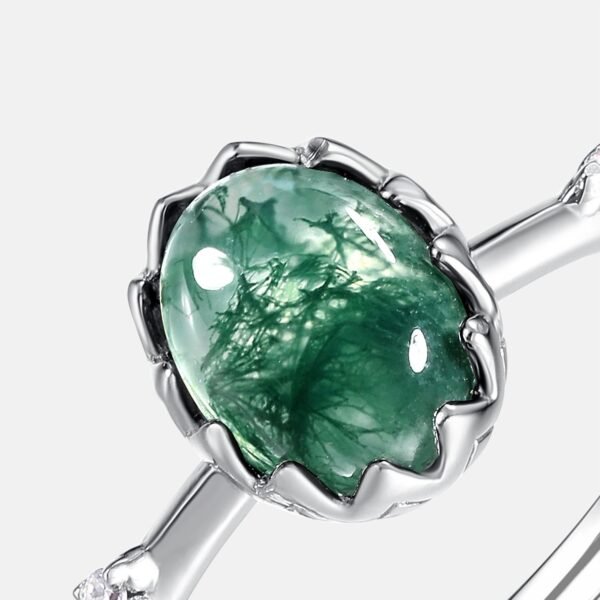 Summer fresh egg surface natural watercress agate ring S925 silver with green moss stone finger ring simple - Image 4