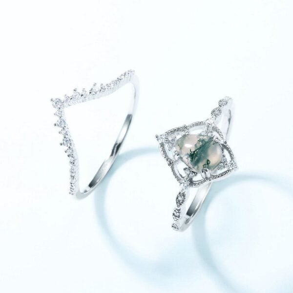 S925 Silver Pear Shape Green Moss Ring with Watercress Agate Stacking Finger Ring Fashion Light Luxury - Image 4