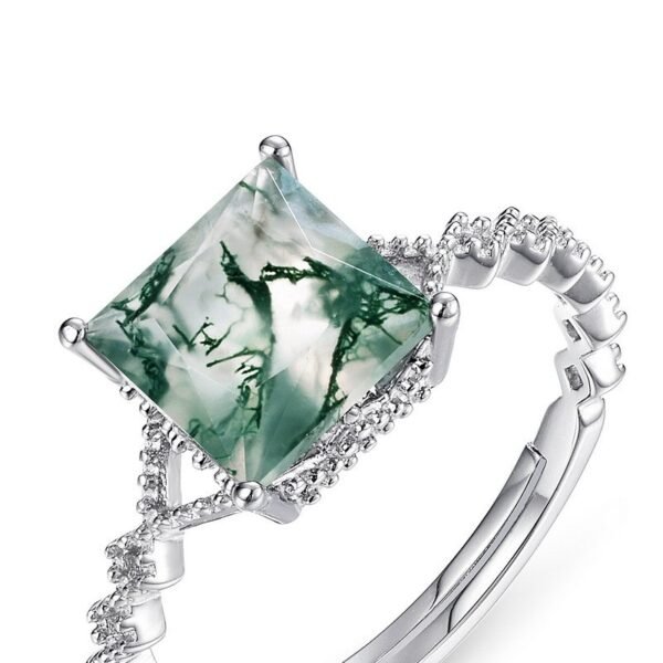 Geometric natural watercress agate ring S925 silver green moss stone open ring personalized design versatile - Image 4