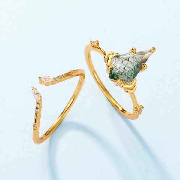 Geometric Natural Watercress Agate Ring S925 Silver with Kite Shaped Green Moss Stacking Ring Fashion - Image 4
