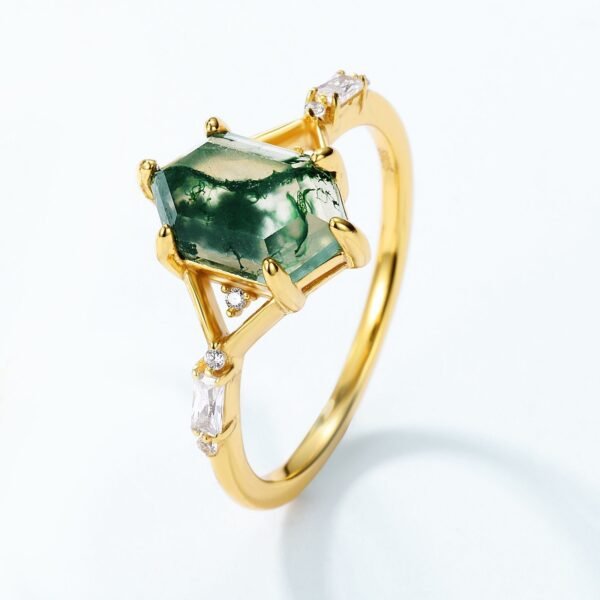 Geometric Natural Watercress Agate Index Ring S925 Silver with Green Moss Stone Combo Ring Light Luxury - Image 4