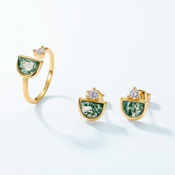 Geometric natural green moss stone ring women S925 silver with watercress agate index ring light luxury - Image 4