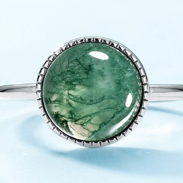 Large fashion natural watercress agate ring S925 silver with round green moss stone finger ring customized - Image 4