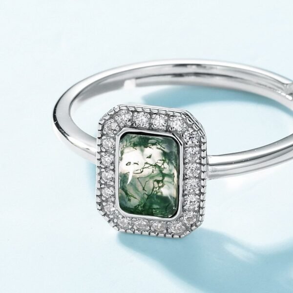 Square natural watercress agate ring S925 silver surrounded by green moss stone open ring fashion customized - Image 4
