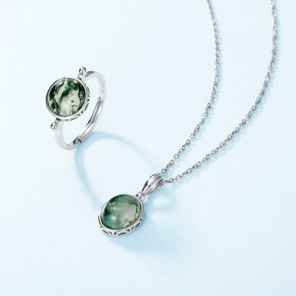 Fashion fresh natural green moss stone ring S925 silver watercress agate open ring atmosphere - Image 4