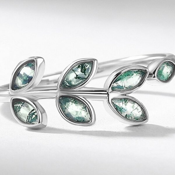 Tree Leaf Natural Watercress Agate Ring S925 Silver Inlaid Green Moss Stone Index Ring Fashion - Image 4