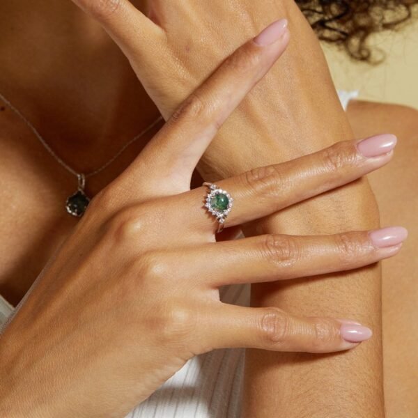 Watercress agate ring green moss full set white zirconium sunflower S925 silver open finger ring wind - Image 4