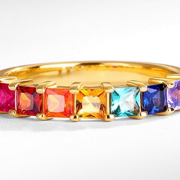 Simple light luxury princess square colored zirconia row diamond ring S925 silver gold finger ring fashion customized - Image 4