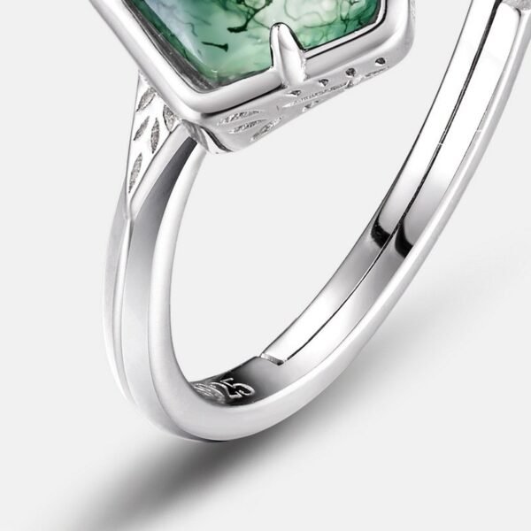 Spot S925 silver geometric green moss ring women's lightweight fashion watercress agate finger ring style - Image 4