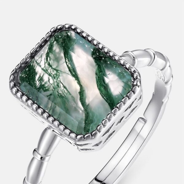 Model atmosphere fashion green moss ring S925 silver inlaid geometric watercress agate open ring light luxury - Image 4